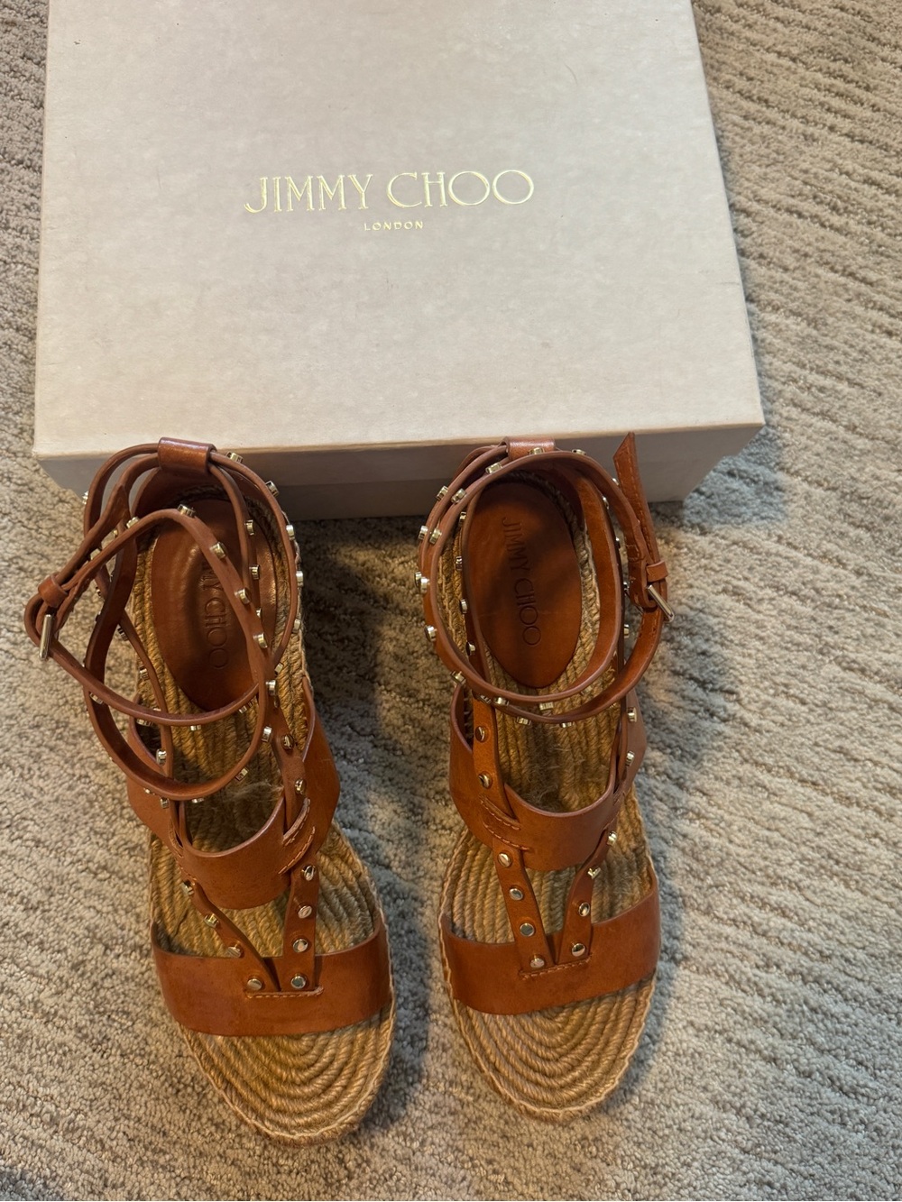 Jimmy Choo Gold Studded Brown Leather Espadrille Wedge Sandals 41 // 9.5 / 10 - Picture 2 of 10